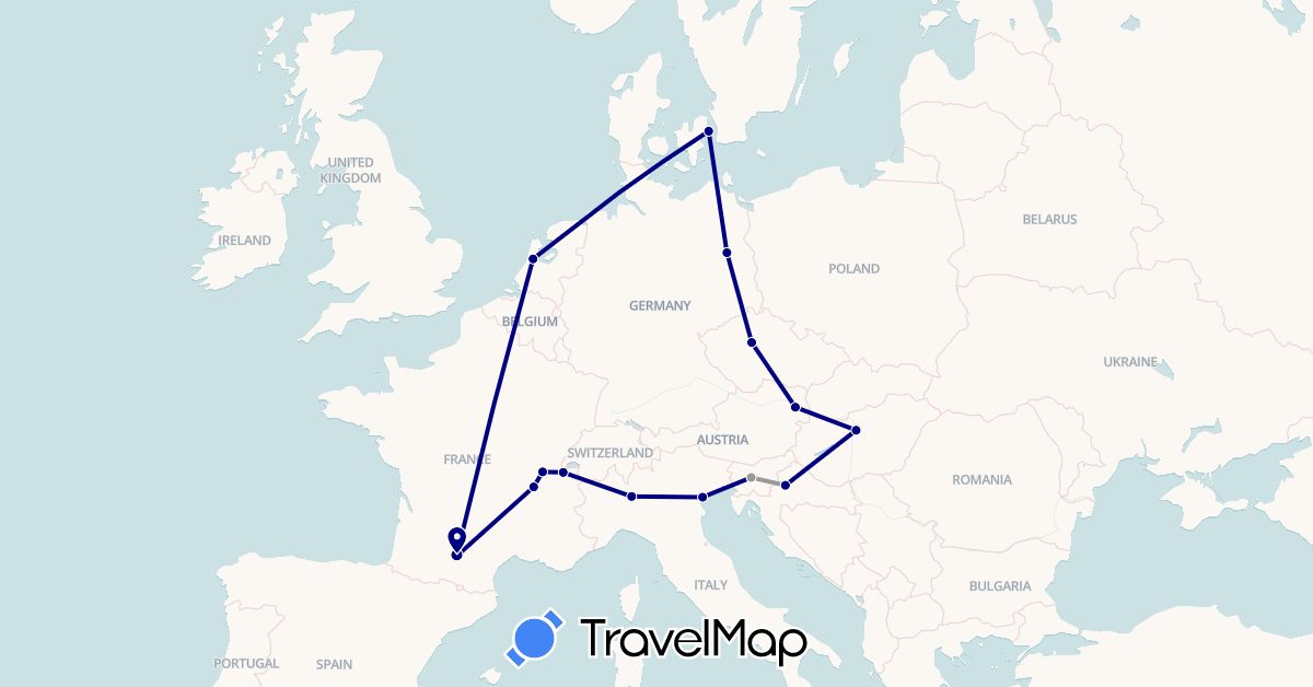 TravelMap itinerary: driving, plane in Austria, Switzerland, Czech Republic, Germany, Denmark, France, Croatia, Hungary, Italy, Netherlands, Slovenia (Europe)